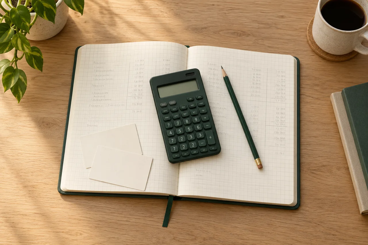 A calculator and neatly arranged accounting calculation notes