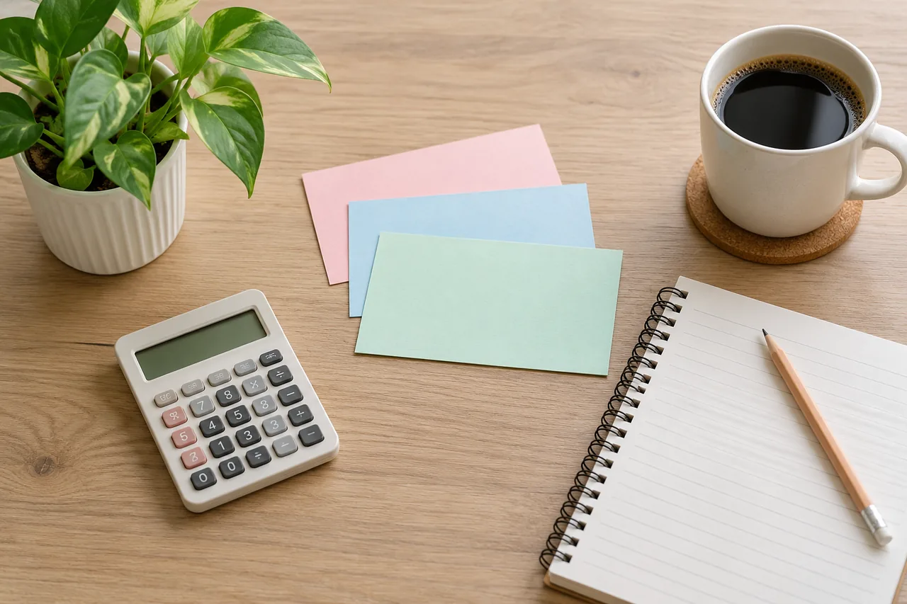Three groups of accounting study cards arranged beside a calculator