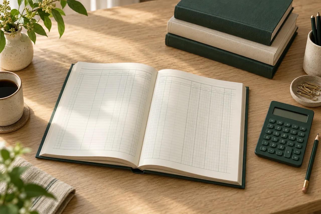 An open accounting ledger with a calculator and stationery