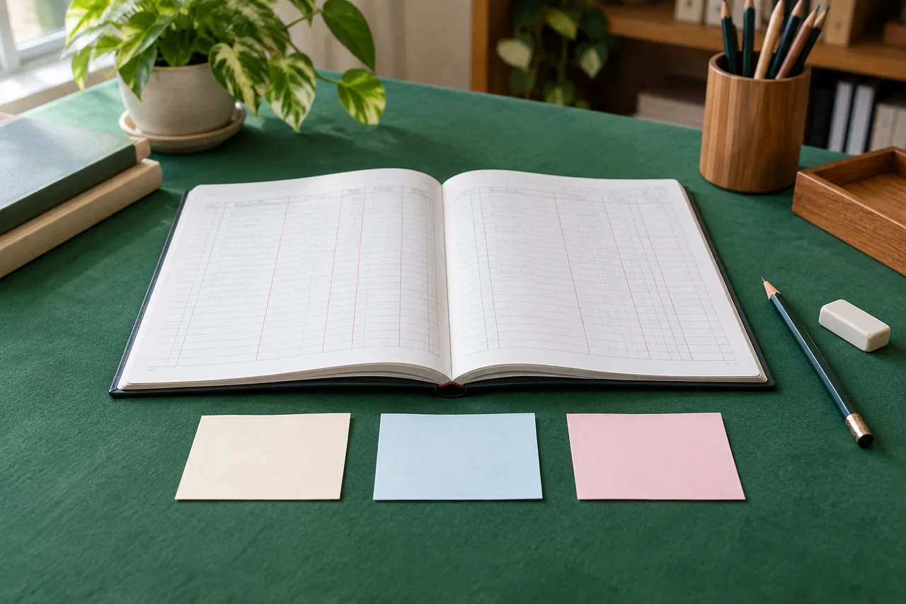 Paper accounting workings organised for step-by-step practice