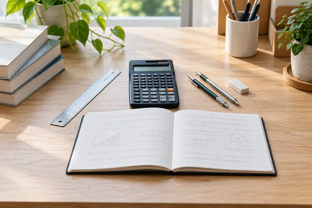 A calculator, ruler and accounting notebook arranged as a study toolkit