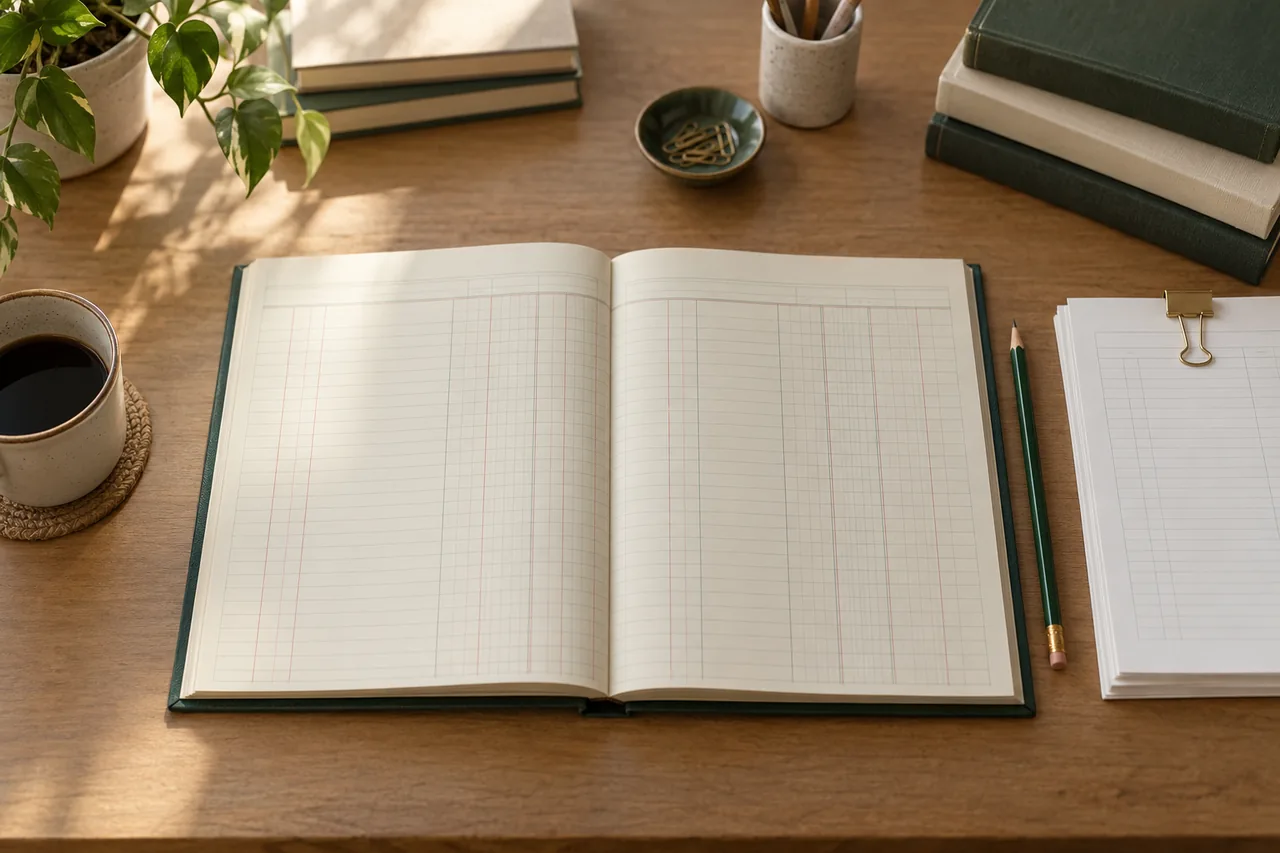 Paper accounting workings with a pencil and ledger notebook