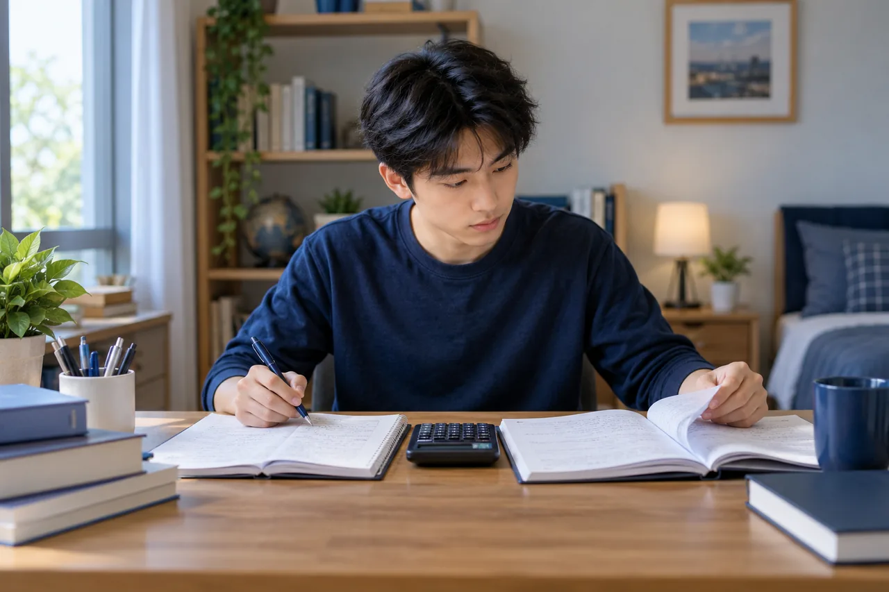 A student moving between introductory and advanced accounting notebooks