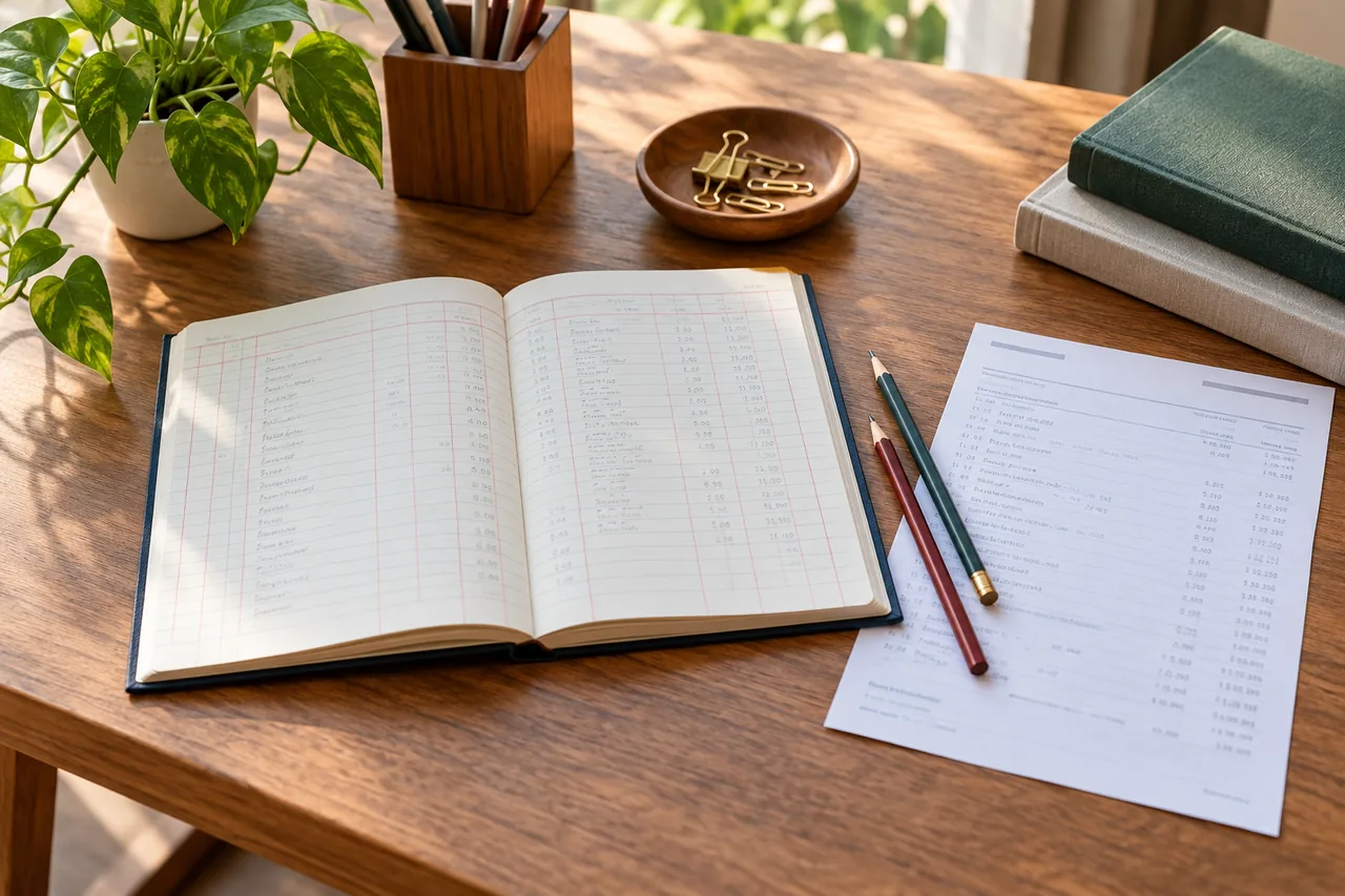 A cash book and statement-style papers arranged for checking differences