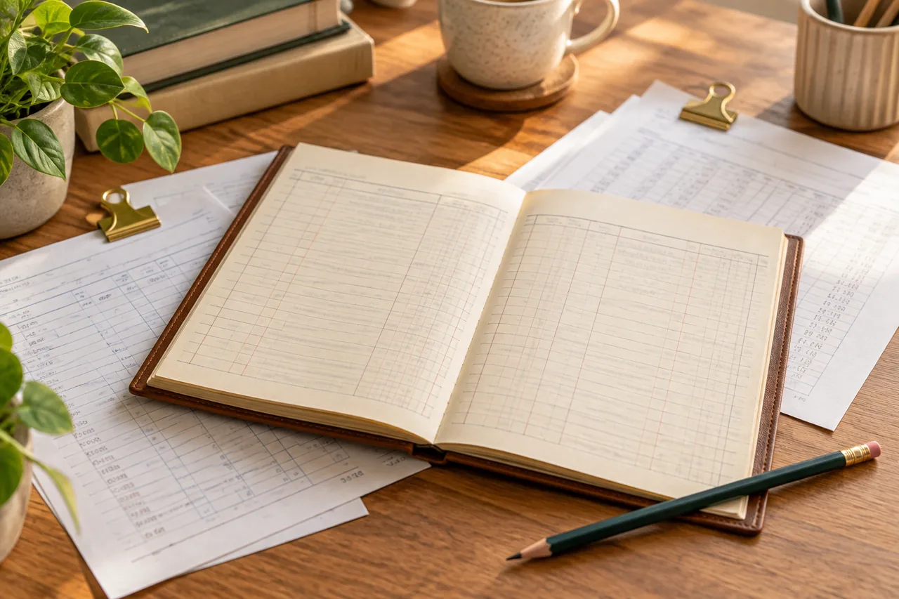 Accounting records and statement pages arranged for a reconciliation exercise