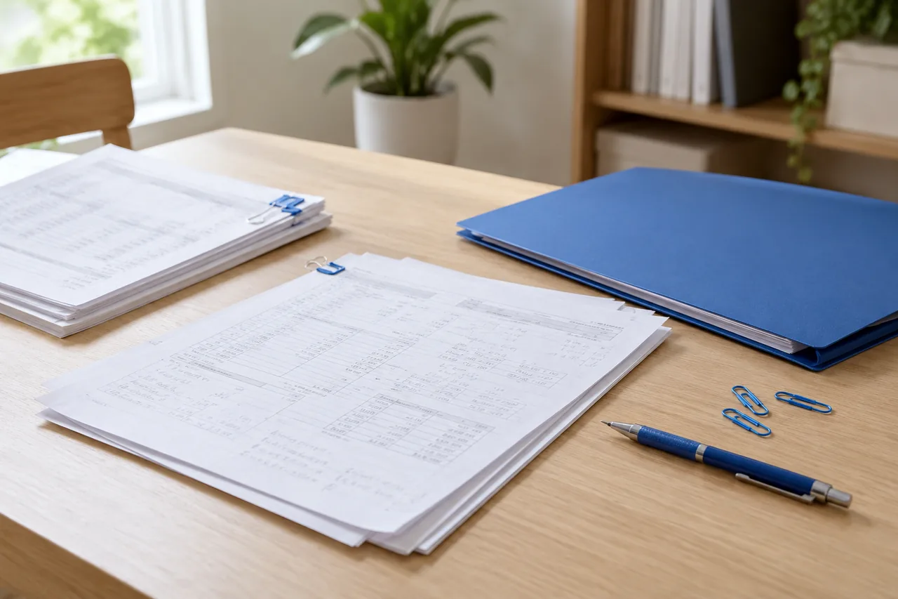 Accounting practice sheets and a revision checklist arranged on a desk
