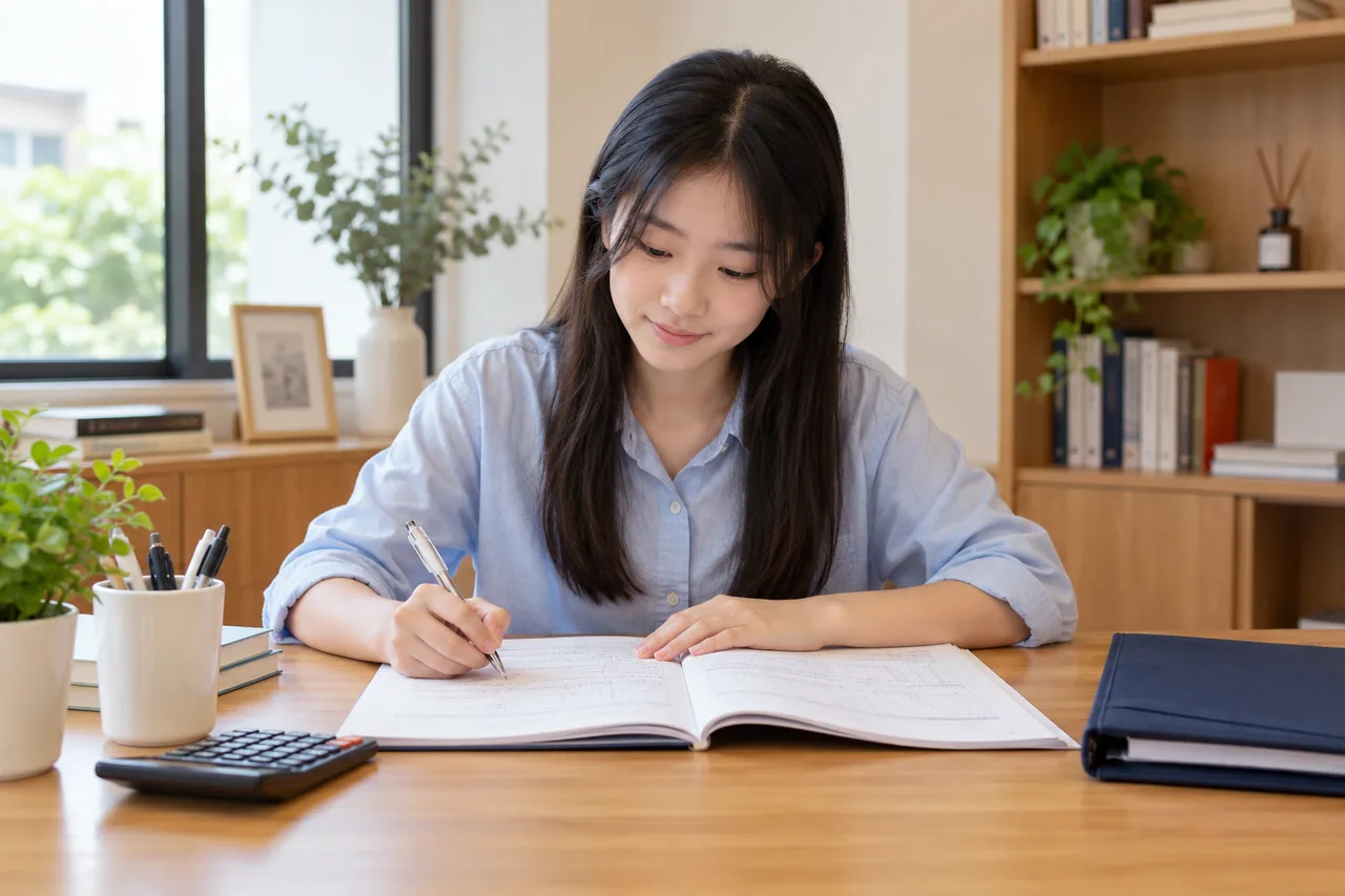 A student working carefully through an accounting workbook