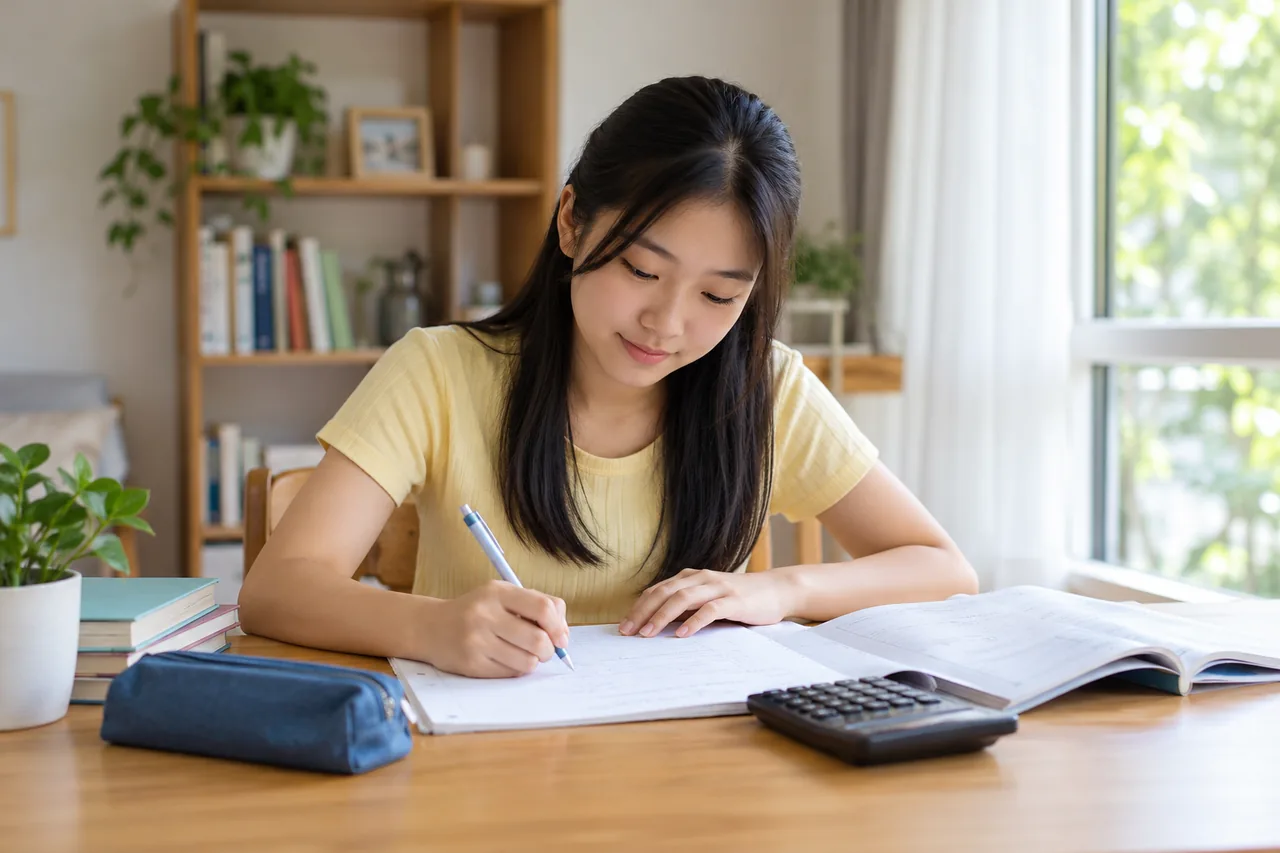 A student practising accounting workings in a ruled notebook