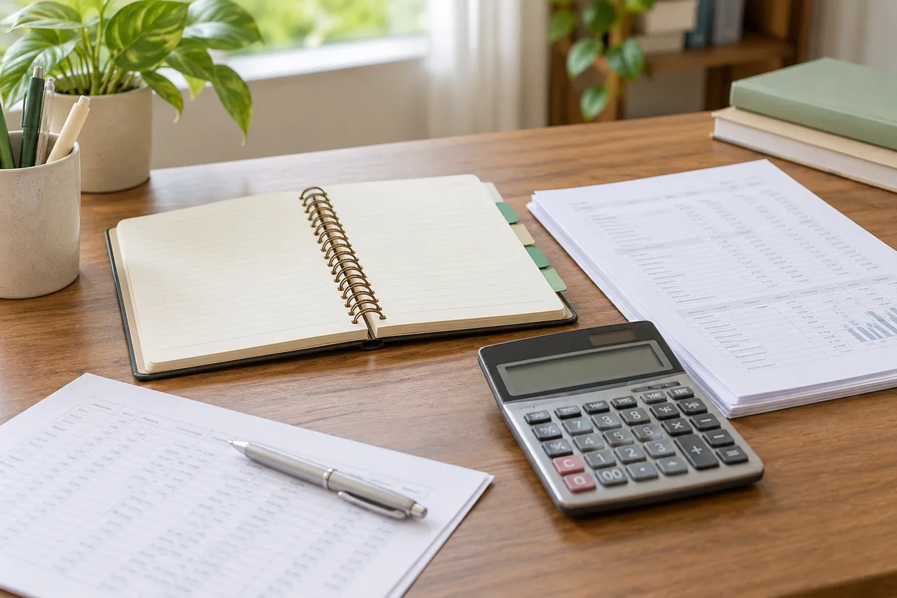 A revision notebook with tabbed practice pages and a calculator