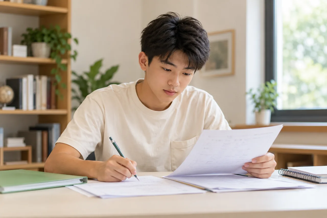 A student reviewing accounting exercises with a pencil
