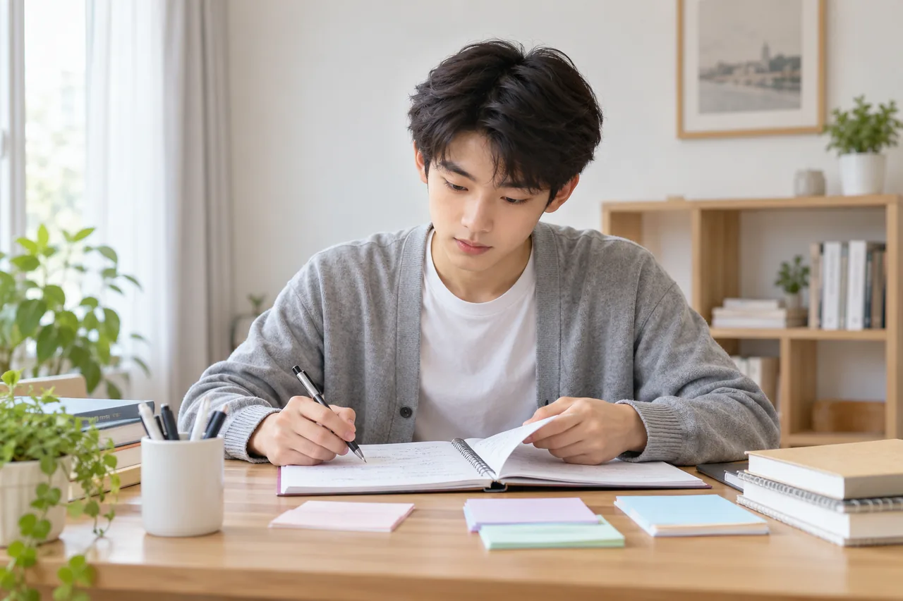 A student checking accounting practice with carefully arranged notes