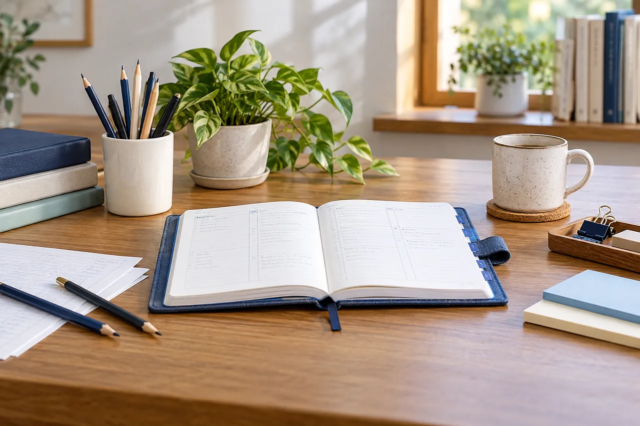 Accounting topic notes arranged with a blue study planner