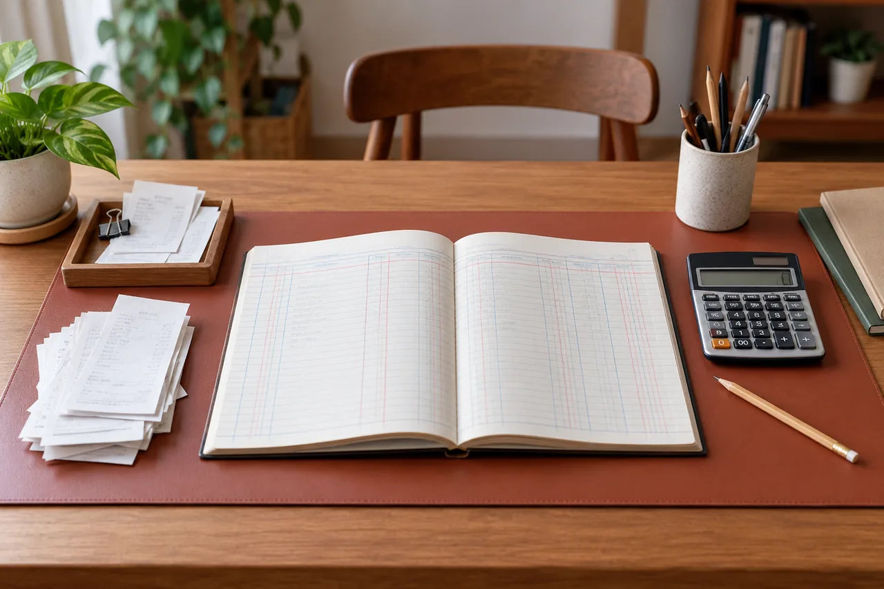 A cash-book notebook and receipt papers arranged for accounting practice