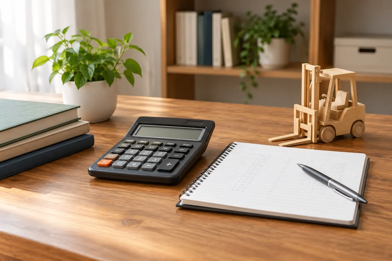 A calculator and yearly calculation notebook arranged for depreciation practice