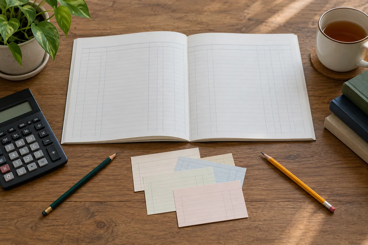An open ledger notebook and transaction practice cards ready for double-entry exercises