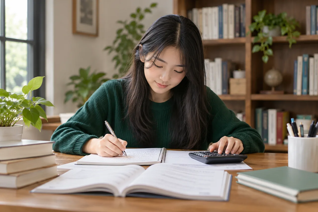 A student checking written accounting calculations at a study table