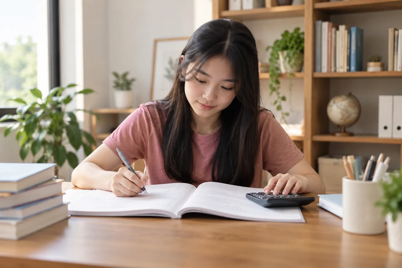 A student reviewing accounting methods with a workbook and calculator