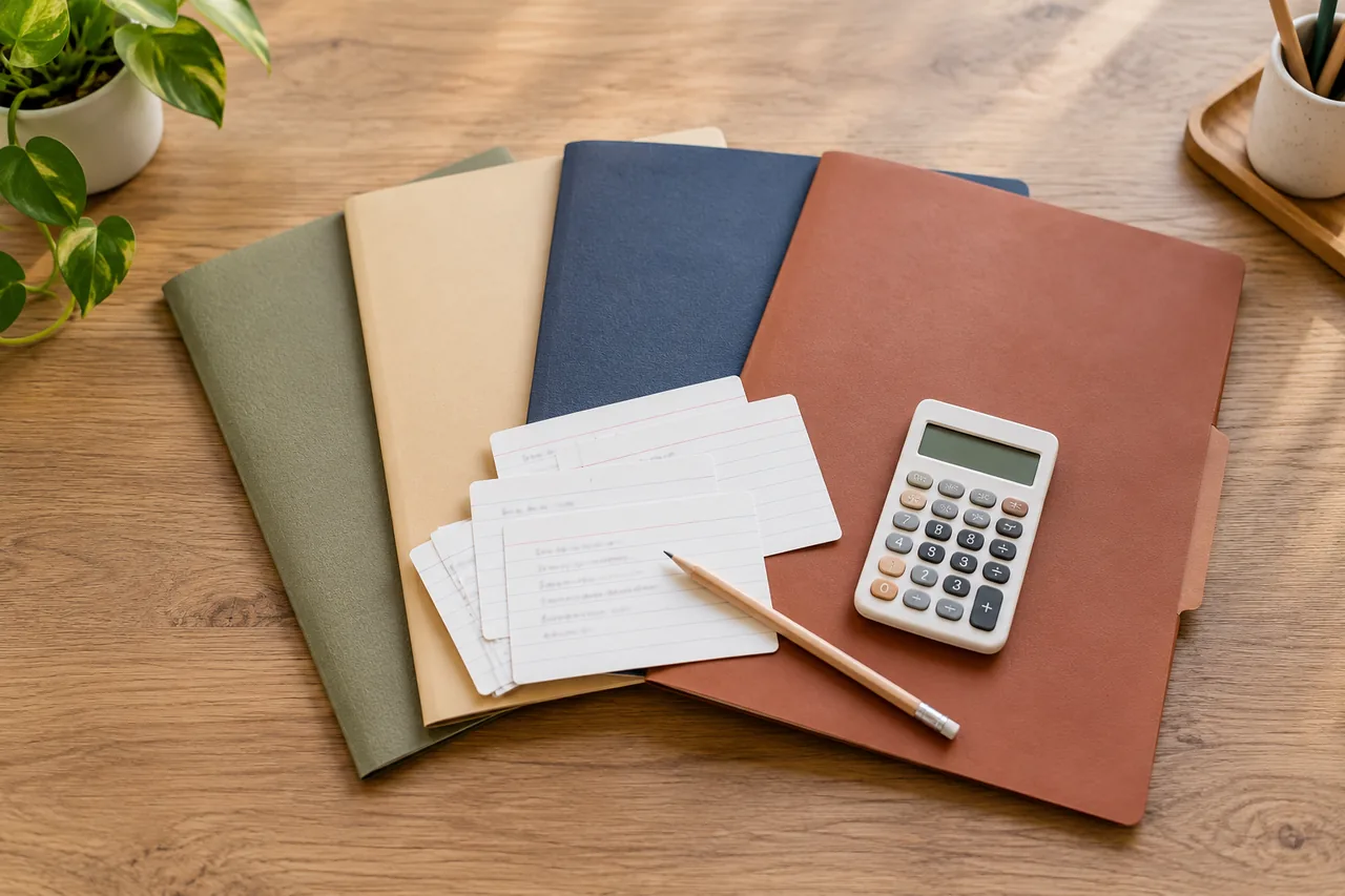 Study folders and revision materials organised for different exam pathways