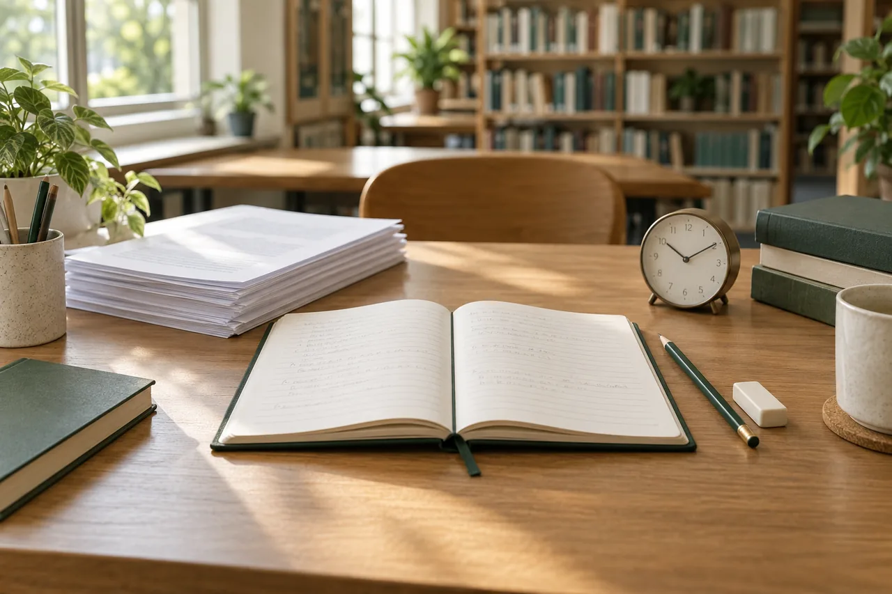 Organised revision papers and a notebook ready for exam practice