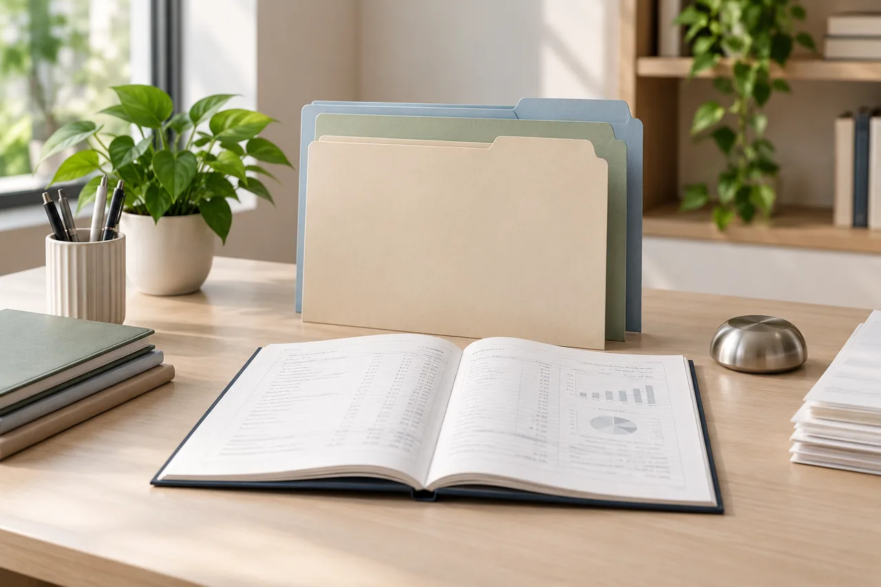 Financial records organised into folders beside a statement notebook