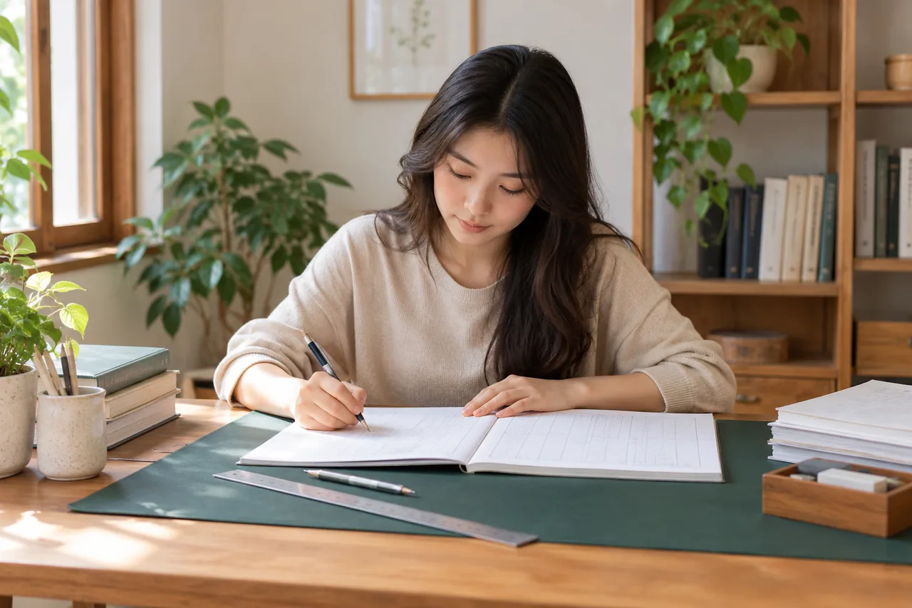 A student practising accounting statement layouts with a ledger notebook and ruler