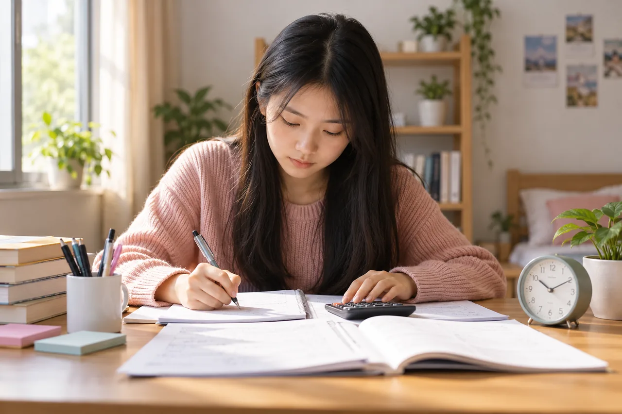 A student concentrating on a timed accounting practice session