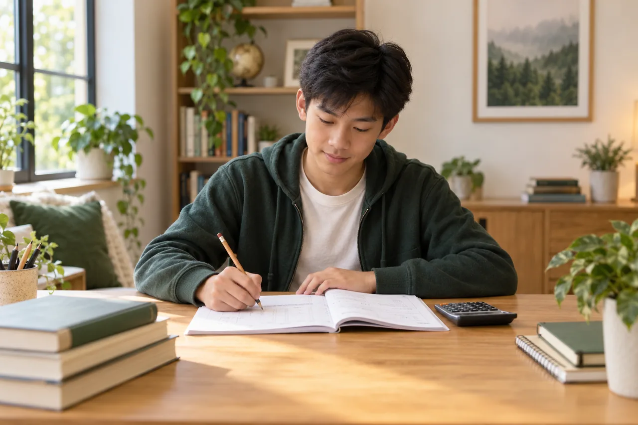 A student concentrating on an accounting exercise at a study desk