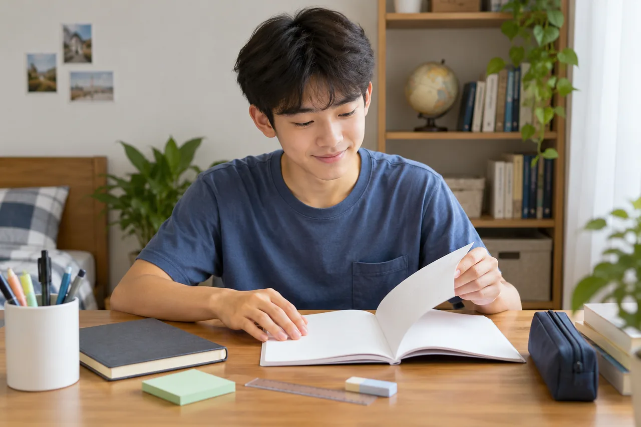 A student starting a fresh accounting notebook with organised materials