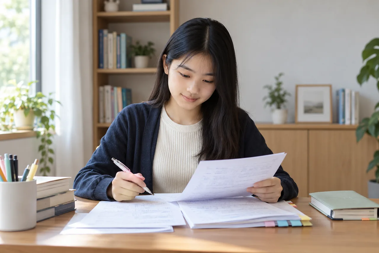 A student reviewing completed accounting practice with organised notes