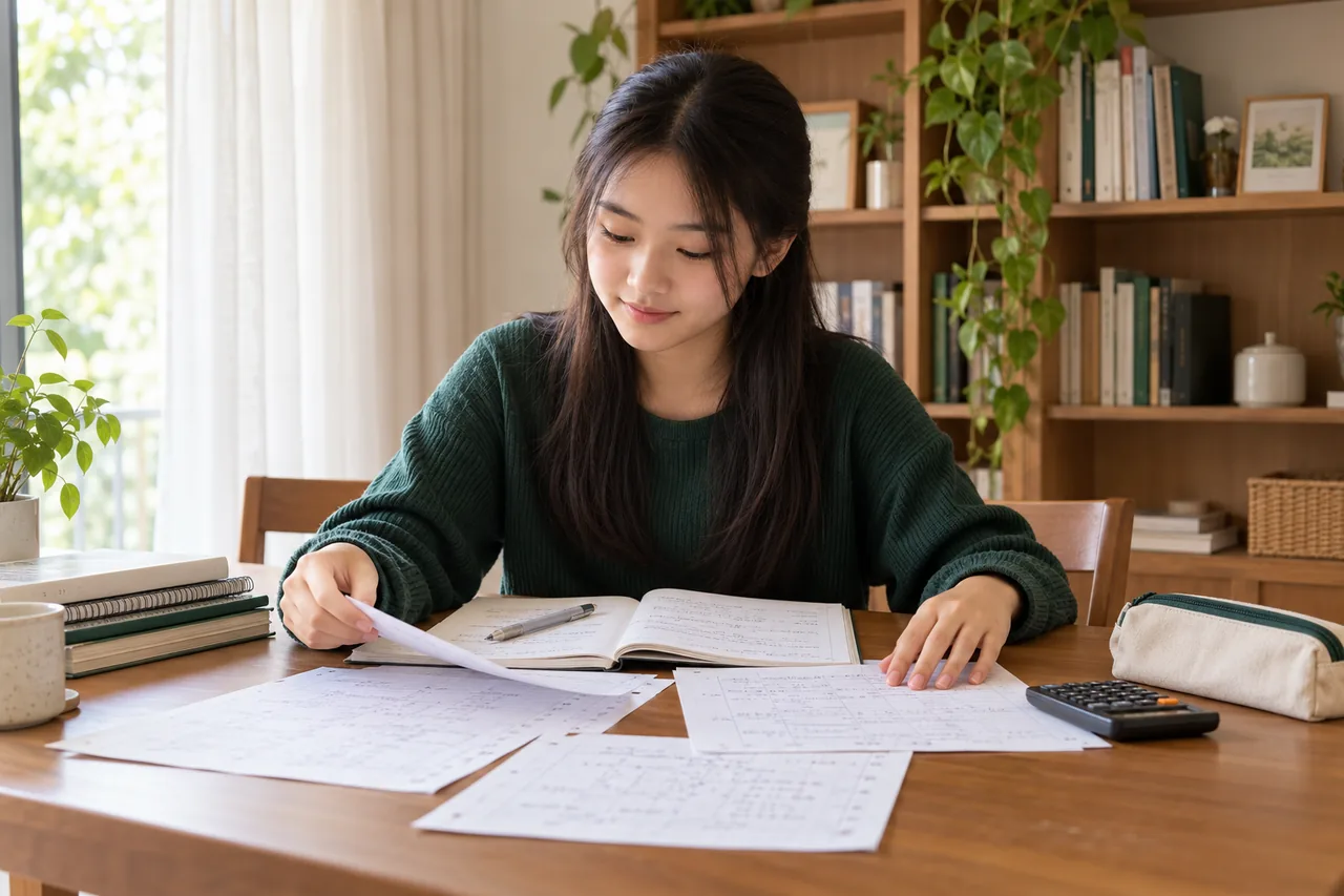 A student studying accounting at a comfortable home learning table