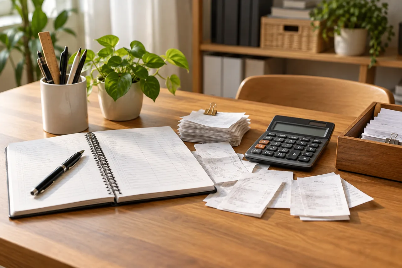 Income and expense records arranged beside an accounting notebook