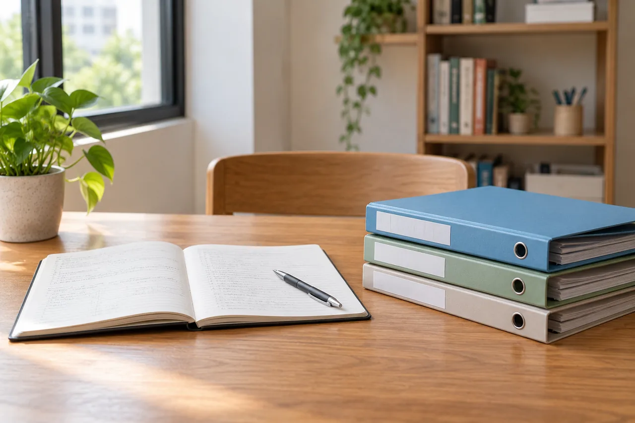 One open notebook and a group of study folders arranged for comparing lesson formats