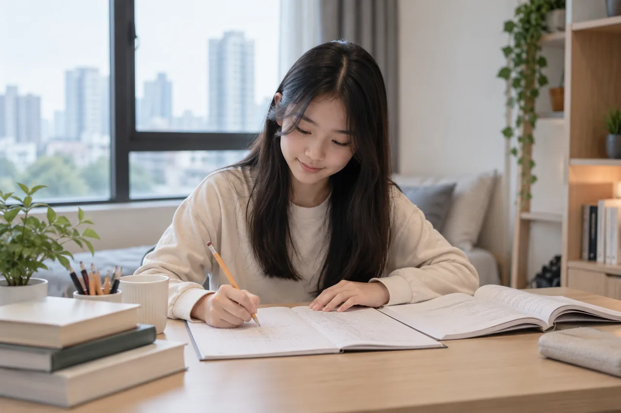 A student practising accounting at an apartment study desk