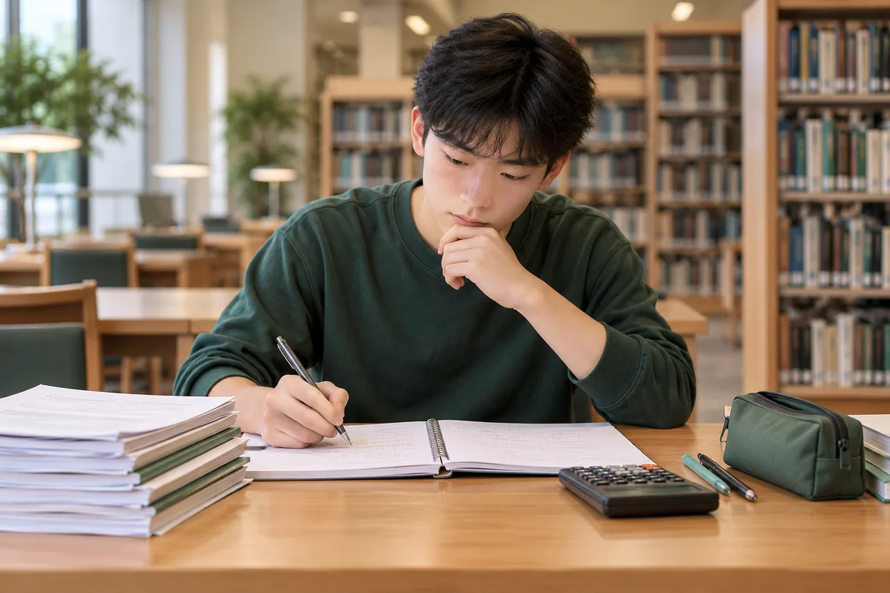 A student reviewing accounting notes independently after class