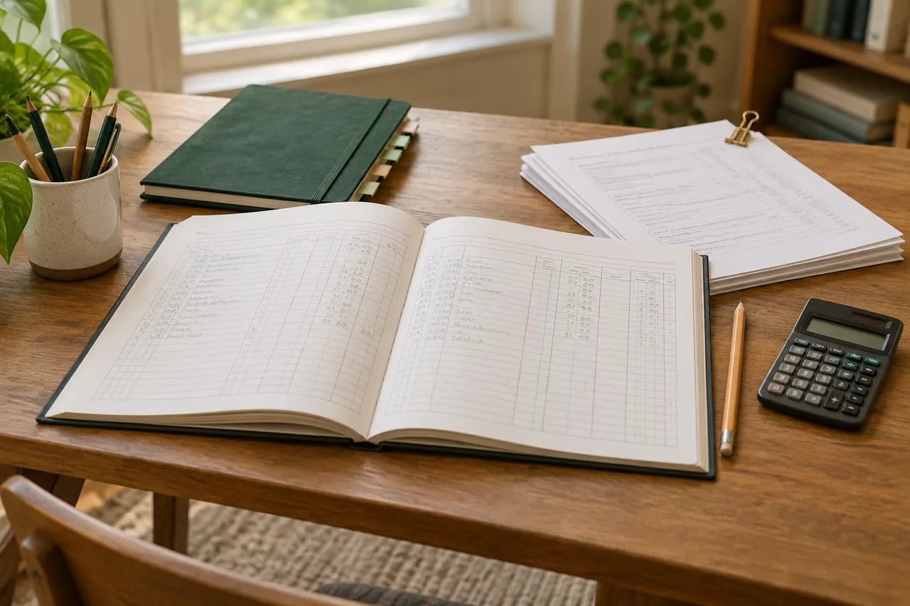 Accounting lesson materials, notebooks and stationery prepared on a desk