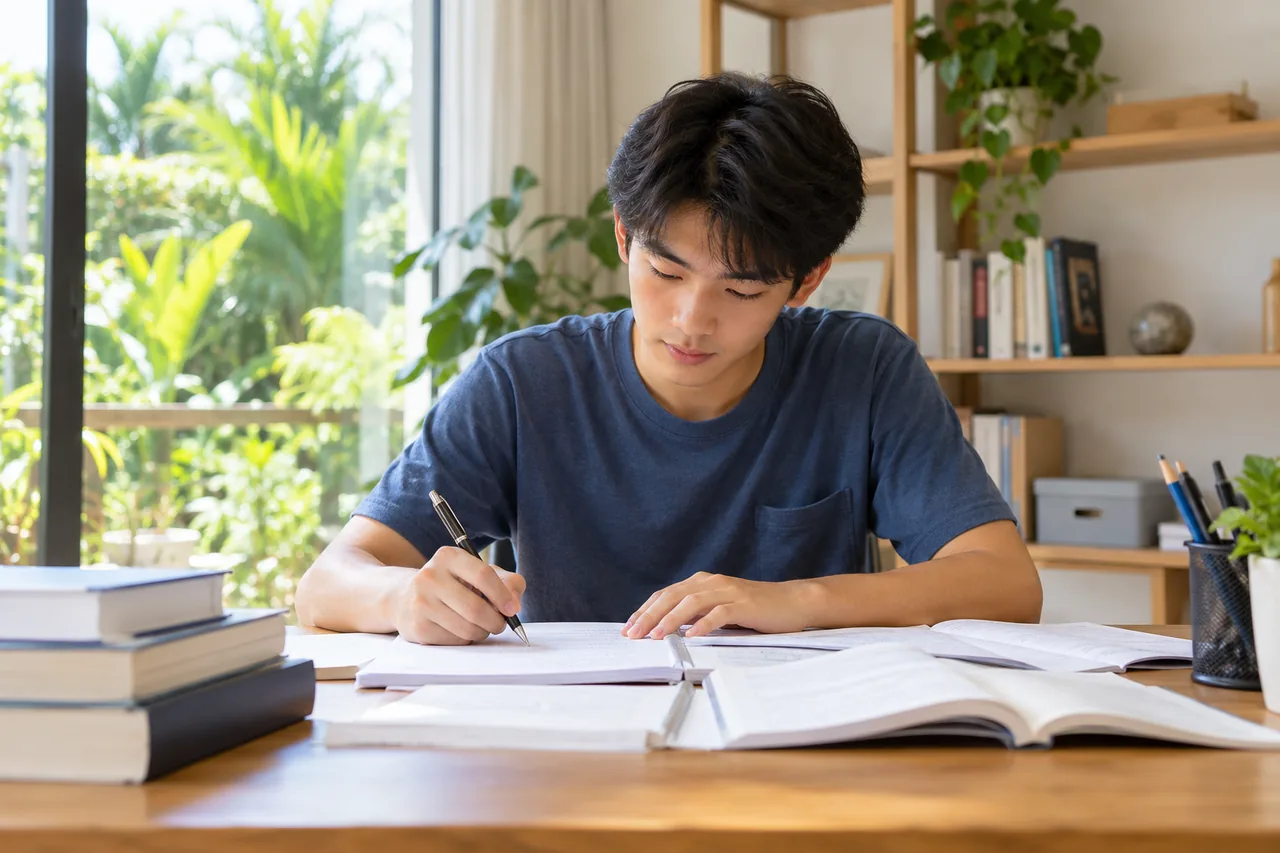 A student studying accounting at a bright home desk