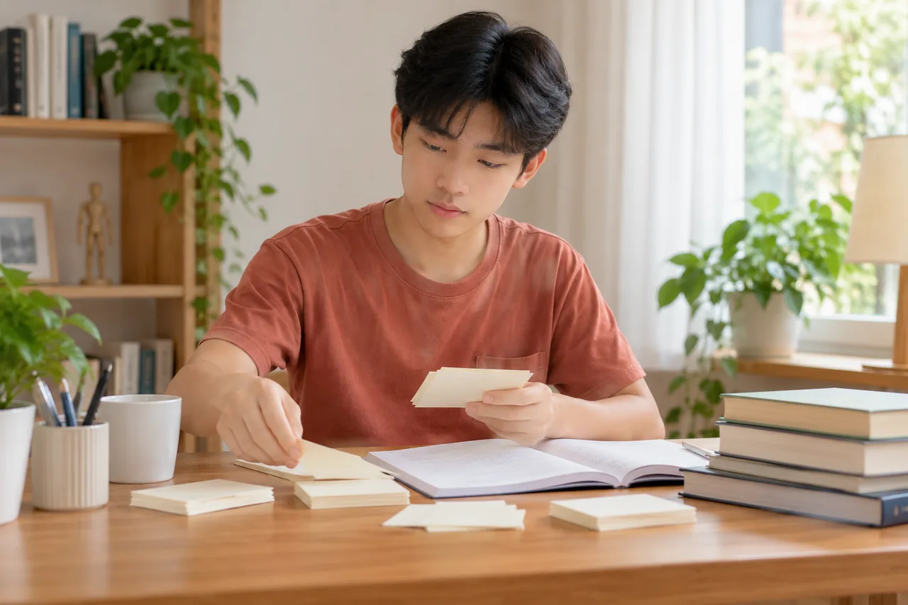 A student organising accounting revision notes at a desk