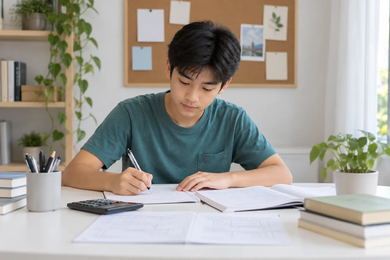 A student working through accounting exercises on paper