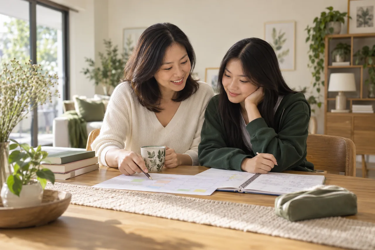 A parent and student planning study time with notebooks