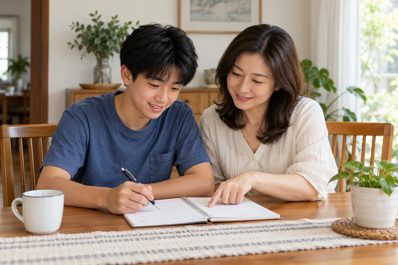 A parent and student discussing study notes at a home table
