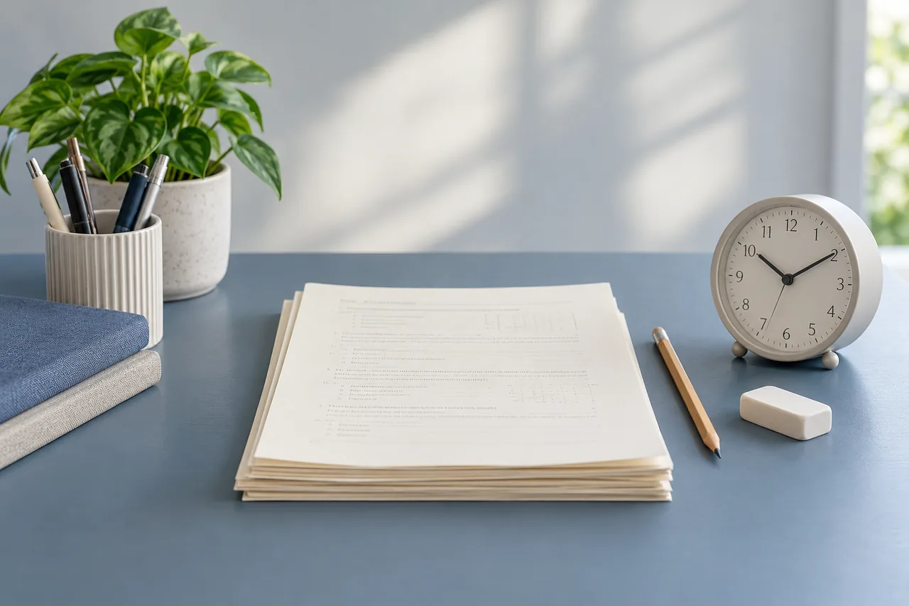 Practice papers, a pencil and an analog clock ready for accounting revision