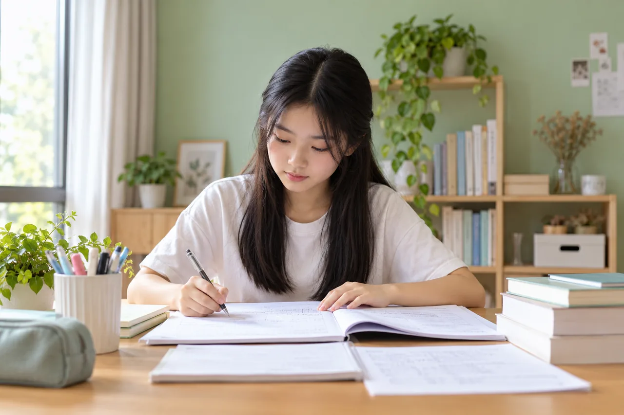 A student working through accounting notes in a quiet home study