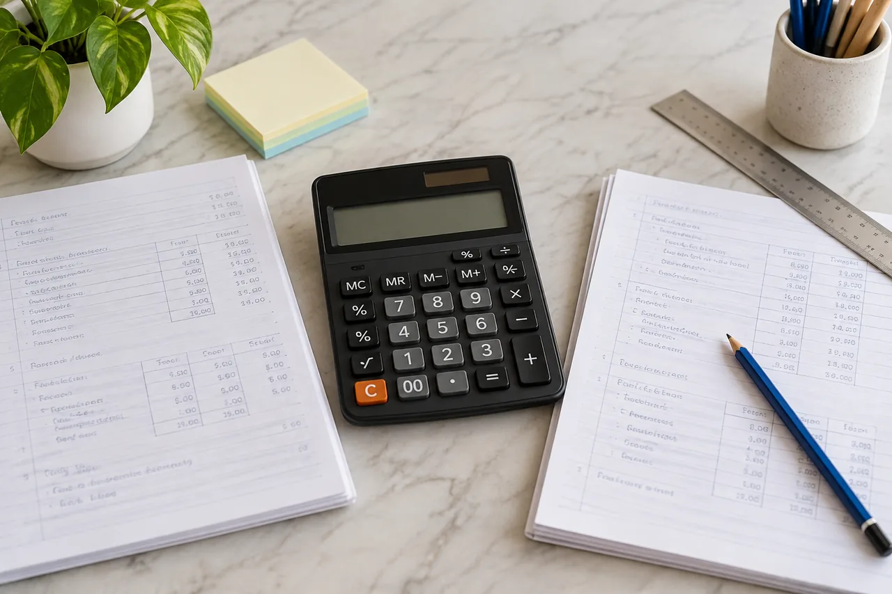 A calculator and financial comparison worksheets ready for checking ratios