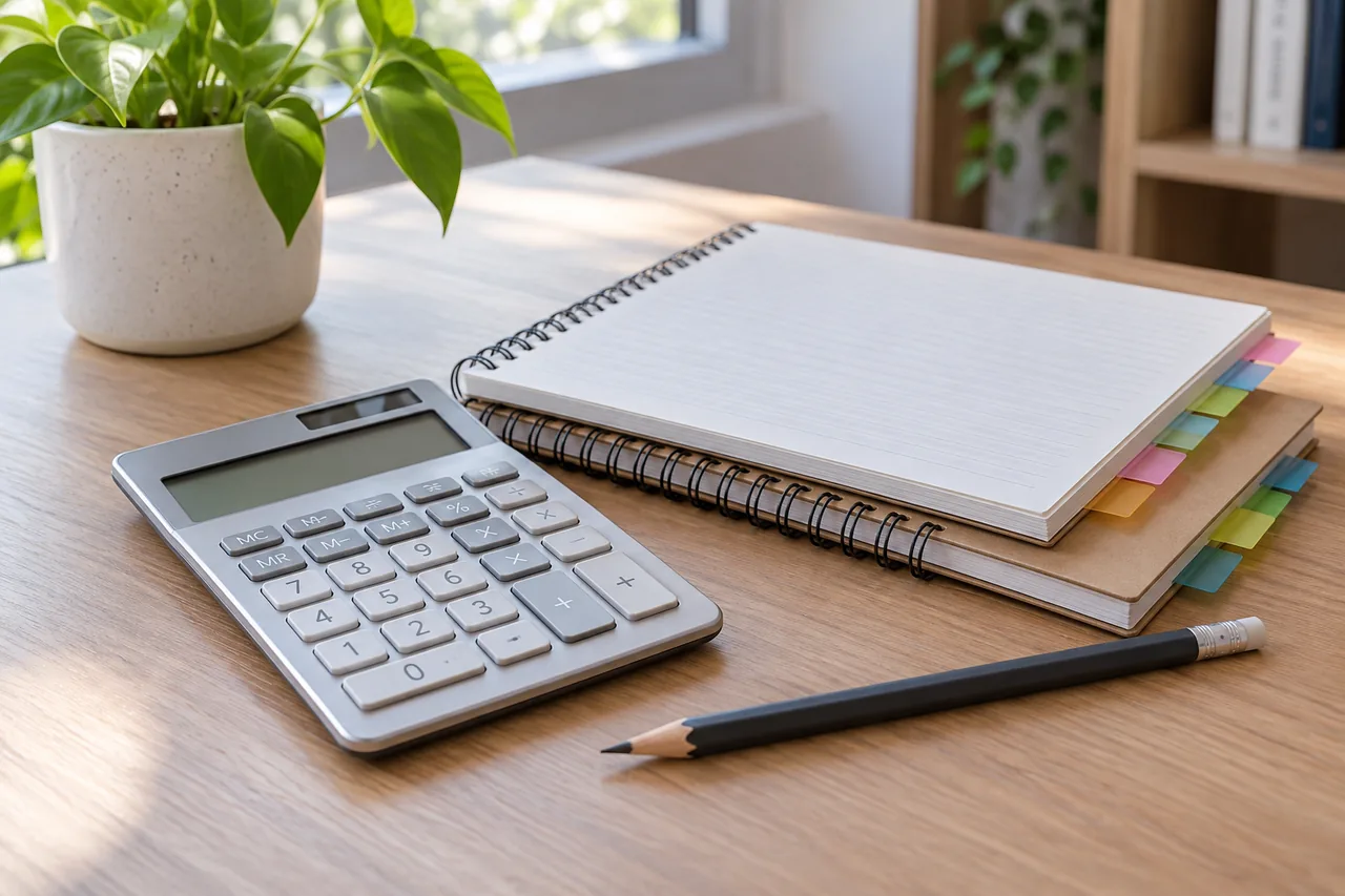 A calculator and accounting comparison notes arranged on a desk