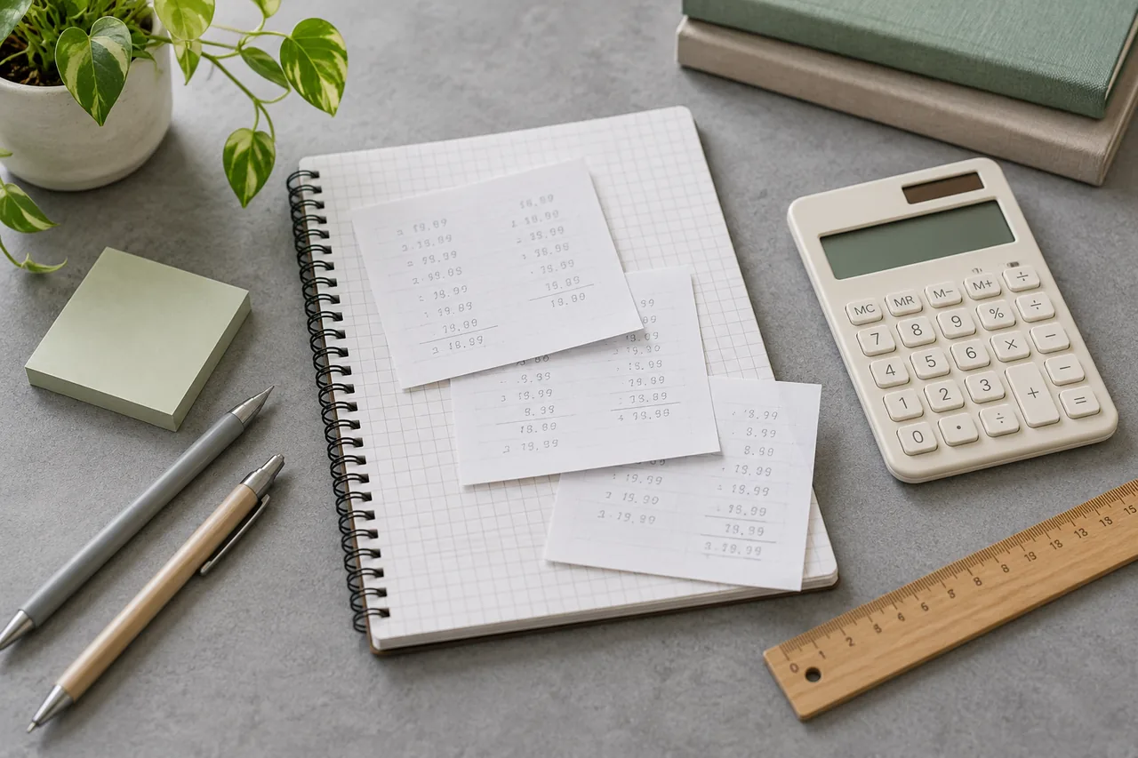 Yearly accounting workings and a calculator arranged for depreciation study