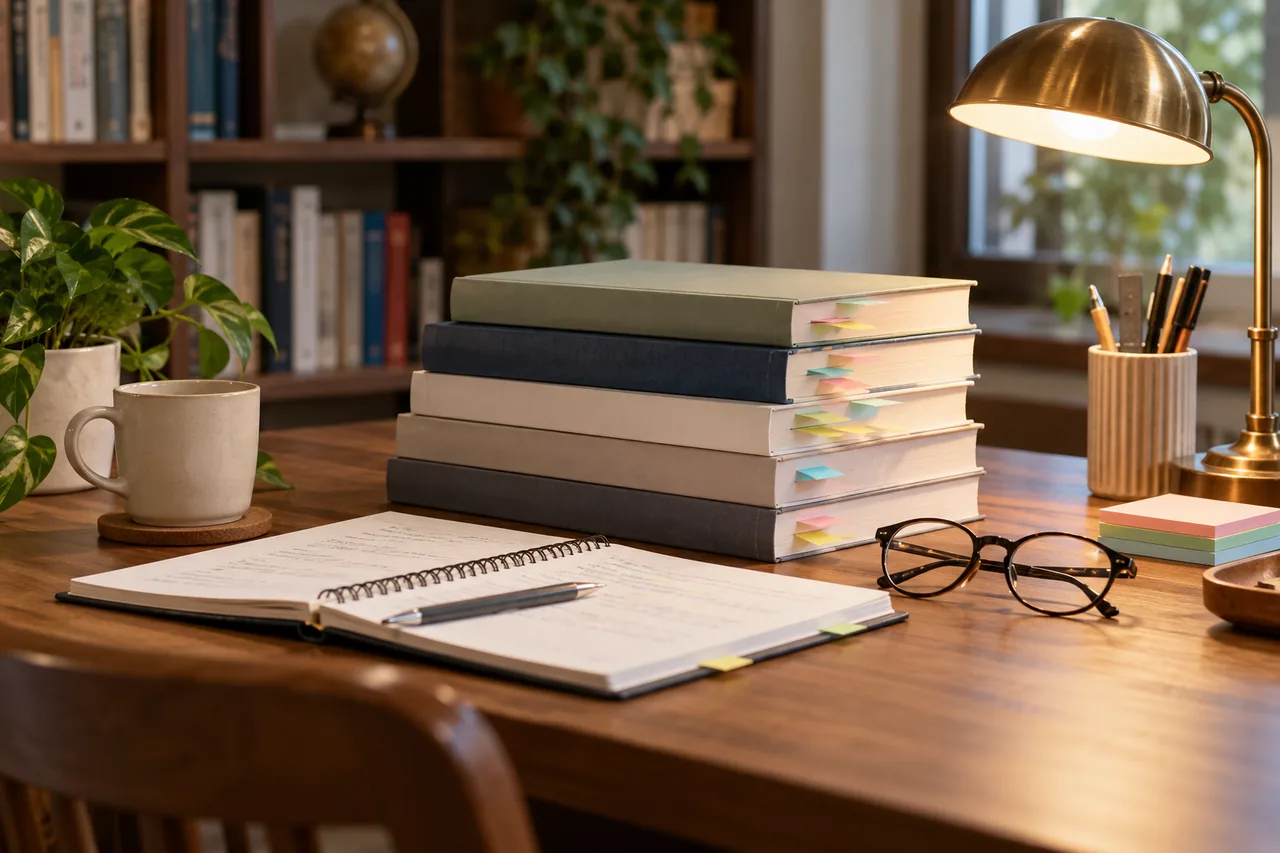 Reference books and a notebook prepared for checking accounting sources