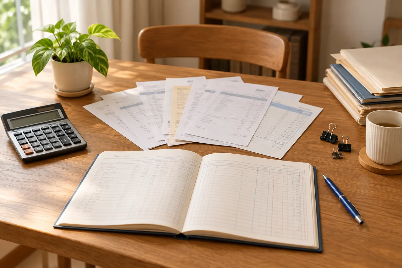 Invoice-style papers and a ledger notebook organised for checking accounts