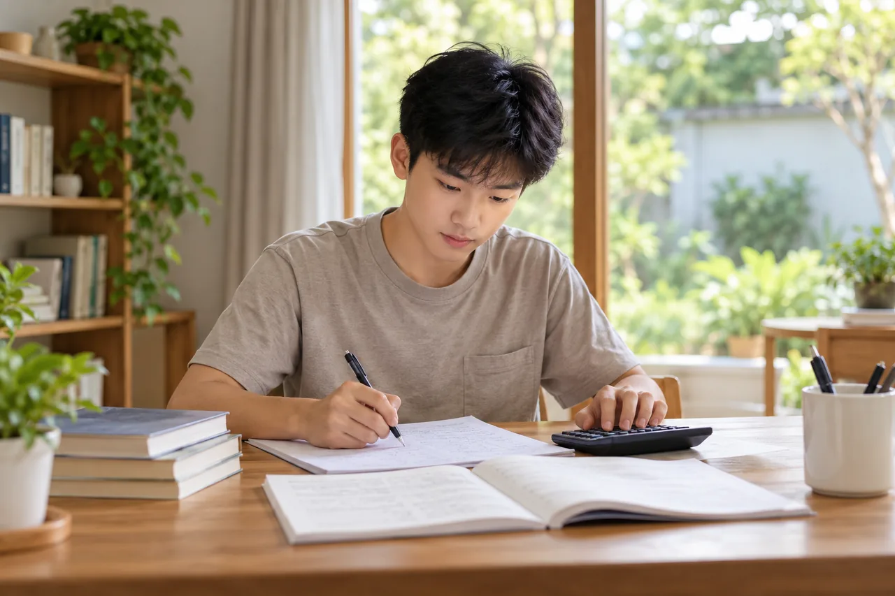 A student reviewing accounting notes at a quiet home desk