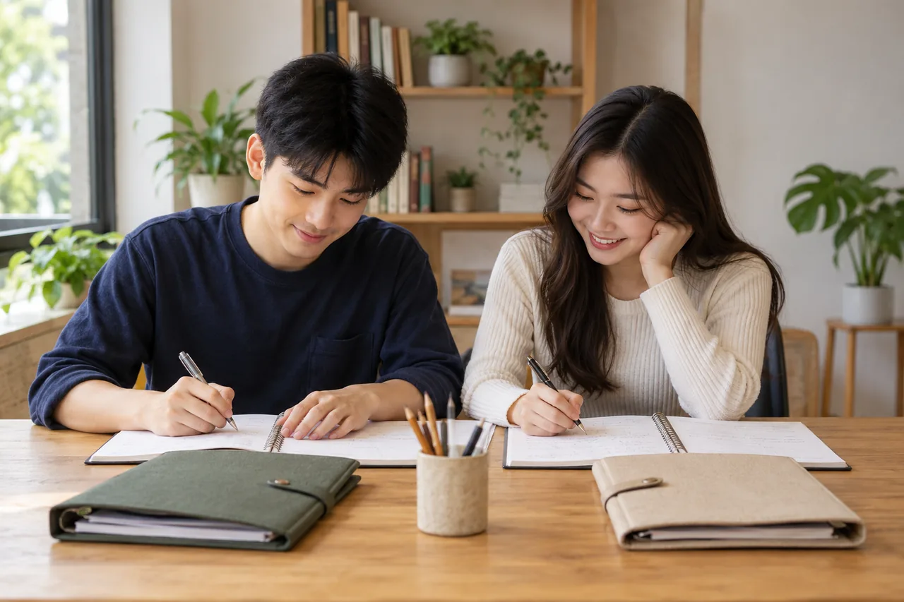 Two students comparing study notes and learning materials