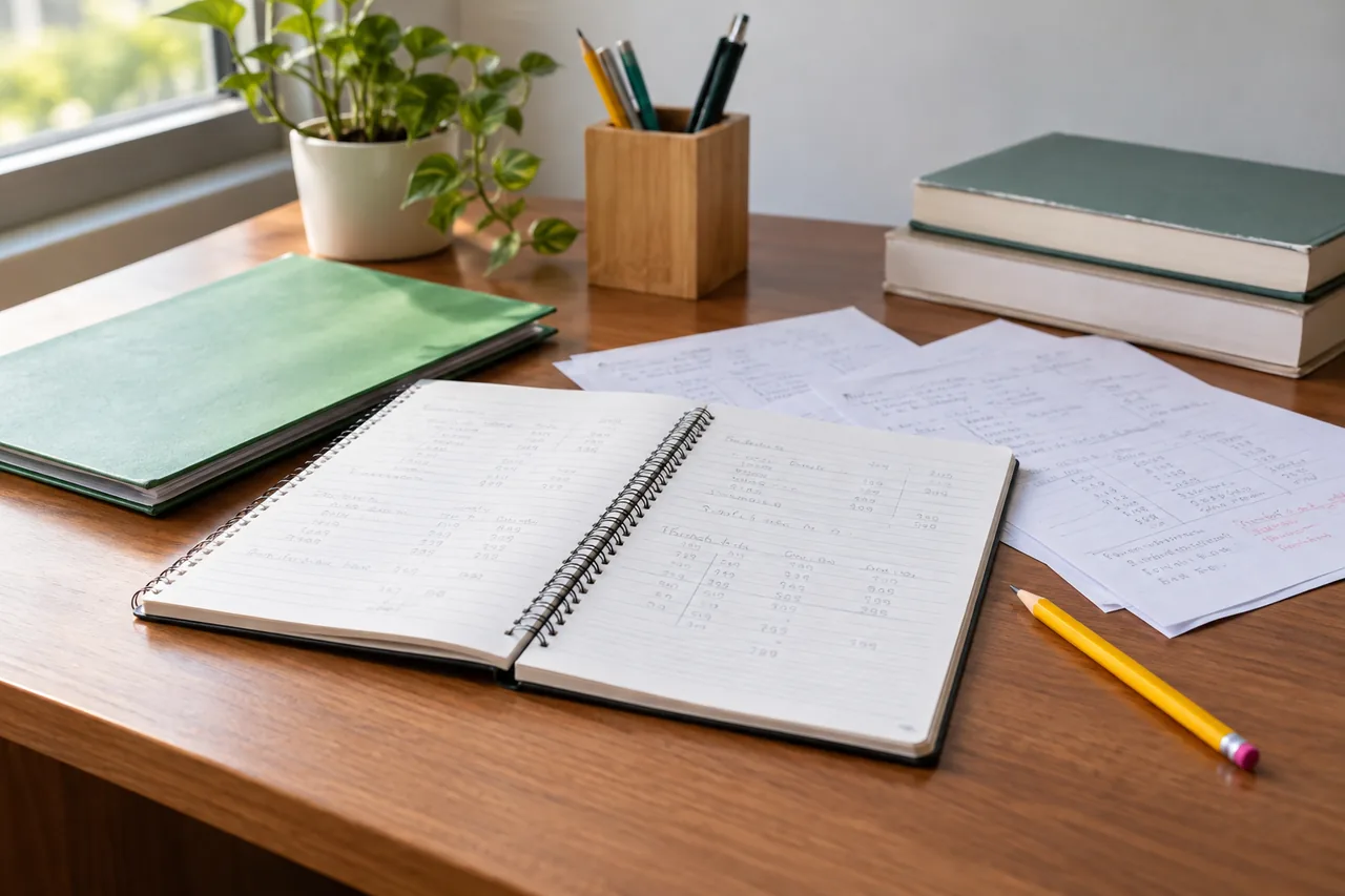 A workbook and feedback notes arranged beside a student's study notebook